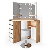 Vicco Eckschminktisch Frisiertisch Schminkkommode Arielle Weiß LED-Spiegel Hocker modern Schlafzimmer Kommode Schublade Ablage Aufbewahrung Kosmetiktisch Schminkkonsole Make-Up-Tisch, Goldcraft Eiche