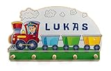 Personalisierte Kindergarderobe 'Zug' aus Birkenholz mit fünf Kleiderhaken. Garderobe für Kinder mit Wunschnamen, ca. 50 x 29 cm