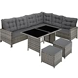 TecTake 800824 Polyrattan Lounge Set für Garten und Terrasse, Gartenmöbel Set mit Sofa, Hocker + Tisch, 5-teilige Sitzgruppe, inkl. Sitz- & Rückenkissen (Grau meliert-Grau | Nr. 404397)