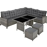 TecTake 800824 Polyrattan Lounge Set für Garten und Terrasse, Gartenmöbel Set mit Sofa, Hocker + Tisch, 5-teilige Sitzgruppe, inkl. Sitz- & Rückenkissen (Grau-Beige | Nr. 404397)