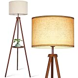 OUTON Stehlampe Wohnzimmer Holz, Massivholz Dreibein Stehlampe mit Fernbedienung, Dimmbar & 4 Farbtemperatur, 1H Timer, Skandinavischer Stil Stehleuchte mit ablage für Schlafzimmer, Büro, Braun