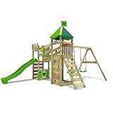 Fatmoose Spielturm Ritterburg RiverRun Royal mit Schaukel & apfelgrüner Rutsche, Outdoor Kinder Kletterturm mit Sandkasten Leiter & Spiel-Zubehör für den Garten