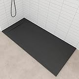 i-flair SMC Duschwanne 180x90 cm, flache Duschtasse aus langlebigem SMC mit Anti-Rutsch-Oberfläche und in Schieferoptik/Steinoptik inkl. Ablaufgarnitur mit SMC Deckel - Schwarz