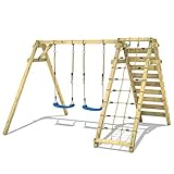 Kinderschaukel, Schaukelgestell, Schaukel, Schaukelgerüst, Doppelschaukel, Holzschaukel mit Kletteranbau für Kinder im Garten mit 2 Schaukelsitzen - Wickey Smart Cliff