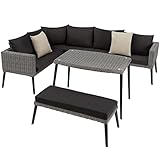 TecTake Aluminium Poly Rattan Lounge, Gartenmöbel Set mit Ecksofa, Bank und Tisch, Sitzgruppe für Garten Balkon Terrasse, Sofa Garnitur mit dicken Sitz- und Rückenkissen, inkl. 2 Zierkissen (Grau)