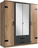 lifestyle4living Kleiderschrank mit Spiegel-Türen, Planken-Eiche Dekor, Graphit-Grau, 180 cm | Drehtürenschrank 4-türig mit 2 Schubladen im Industrial Stil