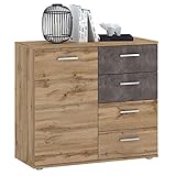 CARO-Möbel Kommode Sideboard Schrank Chicago in Wotan Eiche/Beton dunkel, mit Tür und 4 Schubladen Highboard