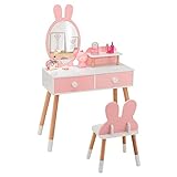 DREAMADE 2 in 1 Kinder Schminktisch mit Hocker und abnehmbarem Spiegel, Kinderschminktisch aus Holz, Prinzessin Frisiertisch Kosmetiktisch mit Schublade für Kinder Mädchen ab 3 Jahren (Rosa)