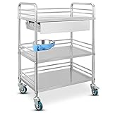 LOYOO Medizinischer Trolley mit großer Schublade und Schmutzbecken, 3-stöckiger Edelstahlwagen auf Rollen, für Zahnarzt-Salons, Küchenlabor, einfache Montage (69 x 46 x 90 cm)/61 x 41 x 90 cm
