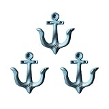 TentHome 3er-Set Maritime Dekoration Garderobe Antik Gusseisen Wandhaken Kleiderhaken Garderobenhaken Anker Doppelhaken Wandgarderobe Vintage Garten Haken,Antik Blau