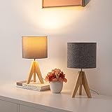EDISHINE 2er Set Nachttischlampe aus Holz, Stativ Tischlampe Grau, E27 Fassung, vintage Lampenschirm aus Leinen, für Schlafzimmer, Wohnzimmer