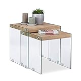 Relaxdays, Natur Satztisch 2er Set, Massive Holzplatte, edle Glas Beistelltische, Wohnzimmer, Couchtische 40-45 cm hoch, Standard