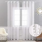 MIULEE Gardinen mit Pompons-Hübsche Weiss Pompon Vorhänge für Kinderzimmer Mädchen, Mädchenzimmer, Transparent Gardinen mit Ösen, Schlafzimmer Wohnzimmer Vorhang mit Bommeln, 2X H 225 X B 140cm