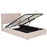 Moimhear Polsterbett 140 x 200 cm, Doppelbett mit Hydraulisch anhebbarer Bettstauraum, Höhenverstellbares Polsterkopfteil, Metalllattenrost, Hautfreundlicher Samtstoff Doppelbett Erwachsenen (Beige)