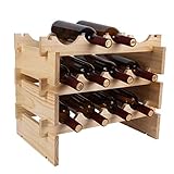 Holz Weinregal Arbeitsplatte - Stapelbare Aufbewahrung Weinhalter 9 Flaschen Display Freistehendes Naturholz Regal für Bar Küche (3 Etagen Naturholz)