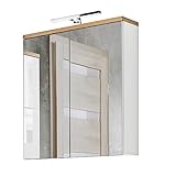 Lomadox Badezimmer Spiegelschrank 60 cm LED-Beleuchtung LUTON-56 Hochglanz weiß mit Wotan Eiche Nb., B/H/T ca. 60/70/20 cm