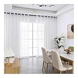 Mesnt Gardine Weiß Transparent, Polyester Halbtransparenter Voile-Vorhang mit Rautenmuster und Spitze, Weiß, H138 x B102 cm