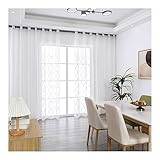 Mesnt Gardine Halbtransparent, Polyester Halbtransparenter Voile-Vorhang mit Rautenmuster und Spitze, Weiß, H214 x B107 cm