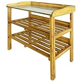 Pflanztisch LUVA Akazie Massivholz | 92x76x37cm HxBxT | Metallplatte | Ölbeschichtung | Umtopftisch Gärtnertisch Blumentisch Holzpflanztisch für Garten Pflanzenregal