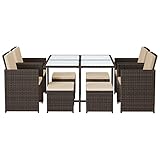 SONGMICS Gartenmöbel-Set Polyrattan Lounge, Esszimmermöbel, Esstisch und Stühle, 9er Set, aus PE-Rattan, Terrassenmöbel, Couchtisch mit Glasoberfläche, mit Kissen, platzsparend, braun-beige GGF009K02