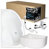 'aquaSu® Komplettset Sitz-Badewanne 150 x 100 cm | Raumsparwanne loPa | rechte Ausführung | Wannenträger | Excenter-Ablaufgarnitur | Wand-Armatur | Acryl-Badewannen-Set | Weiß | 83252 6