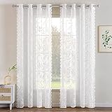 MIULEE 2er Set Gardinen Transparente Vorhänge mit Blätter Spitze Lichtdurchlässige Vorhang Lace Fensterschal mit Ösen Dekoschal für Wohnzimmer Schlafzimmer 150x225 cm Reines Weiß