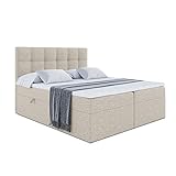 ALTDECOR Boxspringbett mit H3-Matratze (20 cm hoch) mit Bonellfederung + PUR, Topper (4 cm hoch), Polsterbett mit Kopfteil und Bettkasten 180x200 - Beige Inari 22