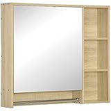 kleankin Spiegelschrank Badschrank mit offener Fächern Wandschrank Hängeschrank Badezimmer Mehrzweckschrank Badmöbel Spanplatte Glas Natur 80 x 15 x 70 cm