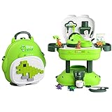 Kinder Spielzeug Küche mit Dinosaurier, Küchenspielset mit Spüle und Kaffeemaschine, 3-in-1 Rucksack für Küchenspielzeug mit DIY-Bausteinpuzzle für Geburtstagsgeschenke Jungen und Mädchen