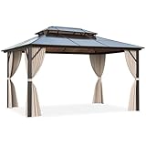 EROMMY 4 X 3 m Pavillon Doppeldach Alu Wasserdicht mit Vorhang-Seitenteile und Netz, Wetterfest Gartenpavillon Stabil Aluminiumrahmen Polycarbonat Partyzelt Hardtop für Garten, Terrasse