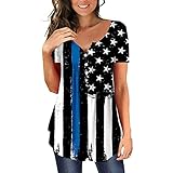 Ringelshirt Sommer Frauen Kurzarm V-Ausschnitt Blumendruck Knöpfe T-Shirts Tops Tunika Lässige Blusen T-Shirt Hämatom T Shirt Damen