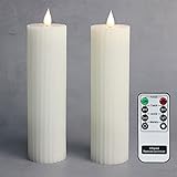 Fanna Led flammenlose Kerzen Weiß 2er set Streifen Design Stumpenkerzen batteriebetrieben inkl. Fernbedienung und Batterien H. 20,5 cm