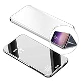 Samsung Galaxy A6 2018 Spiegel Ledertasche Hülle klapphülle Silber Brieftasche Schutzhülle Handyhülle Durchsichtig Clear View Flip Mirror Case Stoßdämpfend Standfunktion Magnetverschluß Handytasche