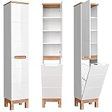 Lomadox Badmöbel Hochschrank mit Wäschekorb, Hochglanz weiß mit Wotaneiche, 2 Türen, 1 Schubkasten, B/H/T: 35/187/33cm