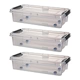 Unterbettkommode Unterbettbox mit Rollen, Deckel, Clip-Verschlüssen 3er-Set - 73 x 40 x 17 cm (31 Liter) transparent - robust - stapelbar