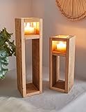 2X Windlicht-Säule Wood aus Holz & Glas, 30 + 40 cm hoch, Kerzenhalter, Kerzenständer, Deko-Säule für Wohnzimmer, Holzsäule mit Kerzenglas