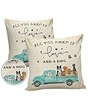Cartoon-Tier-Outdoor-Kissenbezug, Vintage-Design, blaugrün, LKW mit Haustier, Hund, Welpen, wasserdichte Kissenbezüge, 2 Stück, Retro-Beige, Heimdekoration für Terrasse, Garten, Sofa, 45.7x45.7 cm