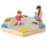 COSTWAY 140 x 122 x 14 cm Sandkasten Holz, Sandbox mit 6 integrierten Sitzen, Sandkiste für Kinder ab 3 Jahre