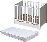 ATB MEBLE Babybett mit Matratze, Matratzenschoner und Schublade - Beistellbett Baby aus Holz - Bett Baby - Vier Ebenen der Matratzenhöhe - Bett für Babyzimmer - 120x60 - Weiß