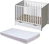 ATB MEBLE Babybett mit Matratze, Matratzenschoner und Schublade - Beistellbett Baby aus Holz - Bett Baby - Vier Ebenen der Matratzenhöhe - Bett für Babyzimmer - 120x60 - Weiß