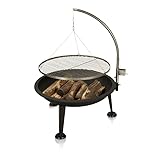 Feuerschale 80cm - Schwenkgrill Camelot Schwenker – mit Seilzug und Edelstahl Grillrost – Dreibein Grill – 120 cm Höhe – Premium Feuerstelle