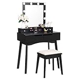 ANWBROAD Schminktisch Eitelkeit Set Beleuchtet Spiegel 10 LED Glühbirnen Eitelkeit Schreibtisch Eitelkeit Tisch mit 4 Schubladen 2 DIY Teiler gepolstert Hocker bewegliche Organizer Schwarz BDT06B