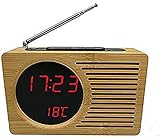 NOALED Nachttisch-Radiowecker, Holz, digitaler Acrylspiegel, elektronisch – aus Bambus gefertigte LED, rot