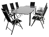 DEGAMO Gartengarnitur Ravenna 9-teilig, 8X Hochlehner und 1x Ausziehtisch Aluminium mit Glasplatte 180/240x100cm