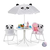 Relaxdays Camping Kindersitzgruppe, Kindersitzgarnitur mit Sonnenschirm, Klappstühle & Tisch, Panda Motiv, Garten, weiß, 50% Eisen, 126 x 100 x 100 cm