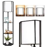 Allesin Stehlampe Wohnzimmer, Stehlampe mit Regal aus Holz, 3 Farbtemperaturen Einstellbaren, Stoffschirm in weiß, inkl. E27 Glühbirne, Schwarz Moderne Stehleuchte für Wohnzimmer, Schlafzimmer, Büro