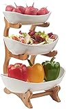 Dimono® Etagere Deluxe Servier-Ständer; 3-Etagen Keramik-Servierschalen; Obst- & Gemüseschale aus Keramik & Bambus Ständer; Servierschalen für Desserts, Obst, Gemüse, Süßes uvm. (Keramik)
