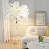 KISFWIU Stehlampe, Straußenfederlampe mit 35 Federn, goldener Lampenmast aus Harz, große Stehlampe, geeignet für Schlafzimmer und Wohnzimmer, 170 x 110 cm (White)