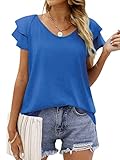 WIEIYM Damen Tshirt V Ausschnitt Kurzarm Rüschenärmel Sommer Einfarbig Basic Oberteile Tunika Tops, Königsblau S