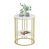 FATIVO Marmor Couchtisch Beistelltisch Gold: Sofatisch 2 Ablagen - Nachttisch rund fürs Wohnzimmer Schlafzimmer mit Eisenrahmen - 40×40×54cm